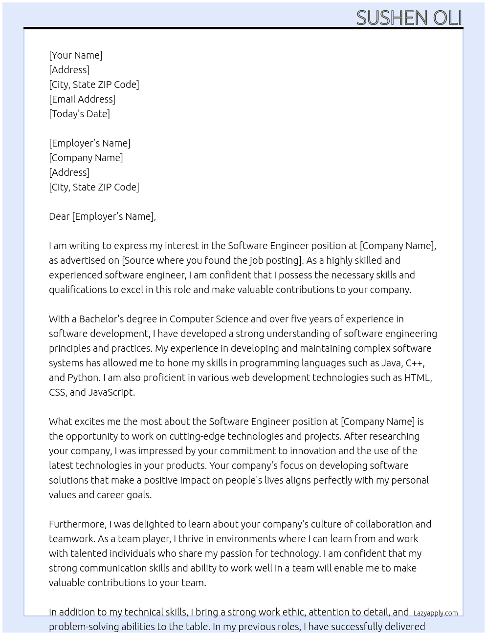 software engineer At Sushen Oli Cover Letter