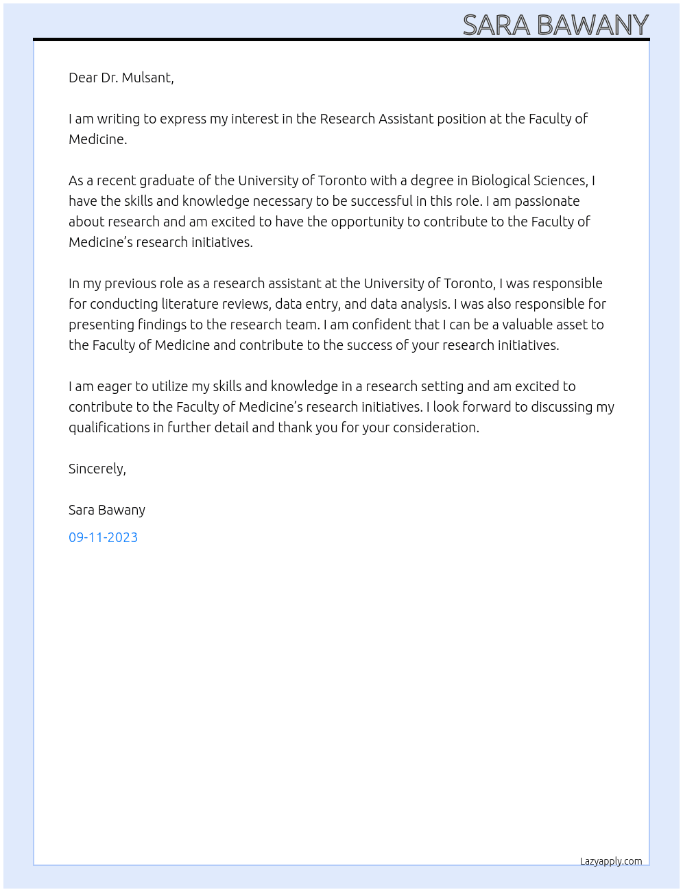 Research Assistant At Faculty of Medicine Cover Letter