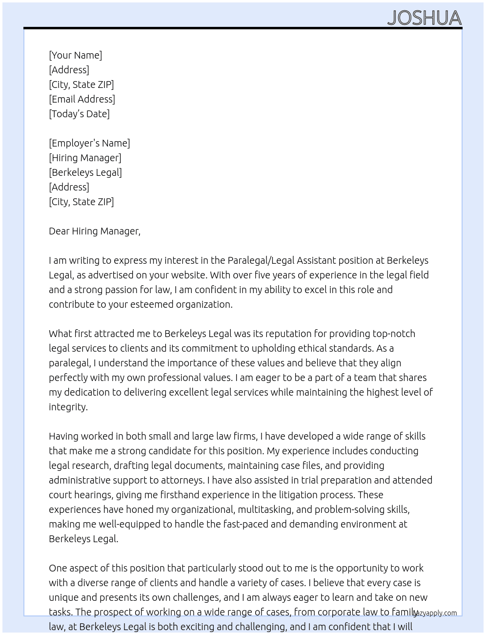 paralegal/legal assistant  At berkeleys legal Cover Letter