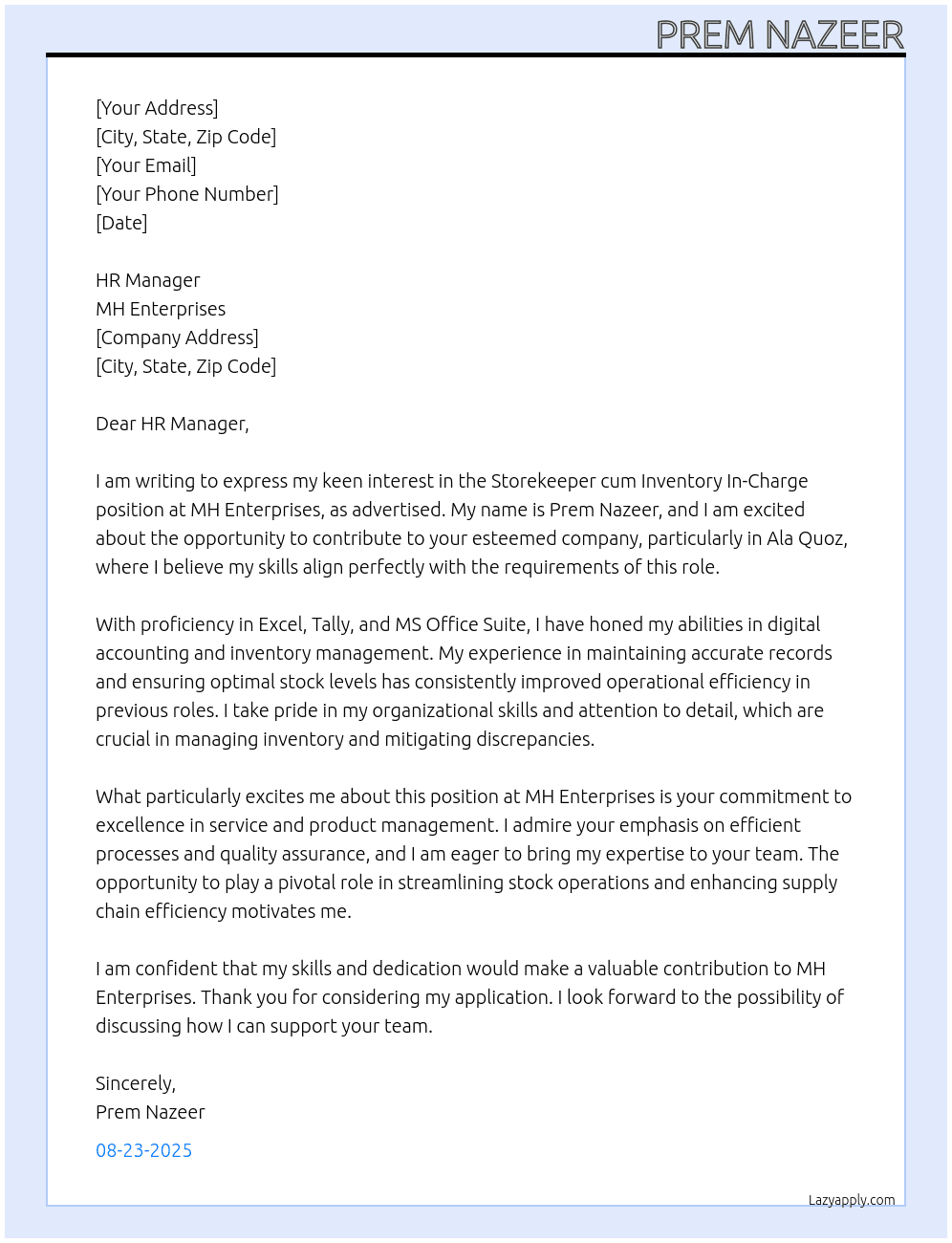 Storekeeper  At MH ENTERPRISES  Cover Letter