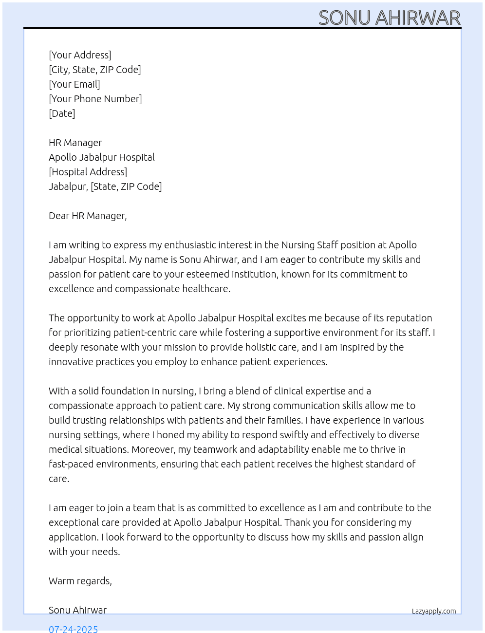 Nursing staff At Appolo jabalpur hospital  Cover Letter