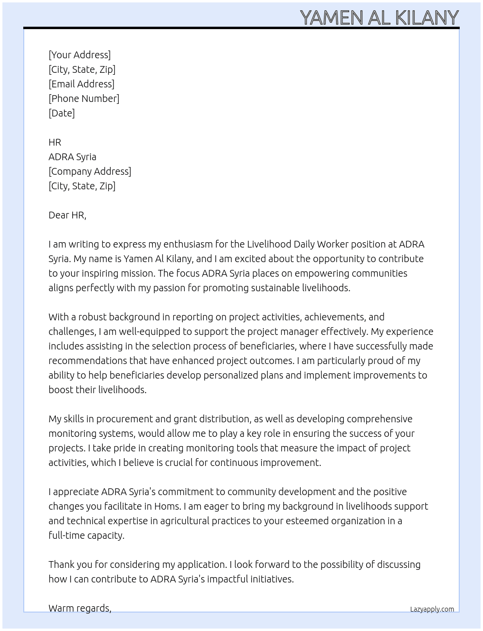 Cover letter for livelihood daily worker - LazyApply