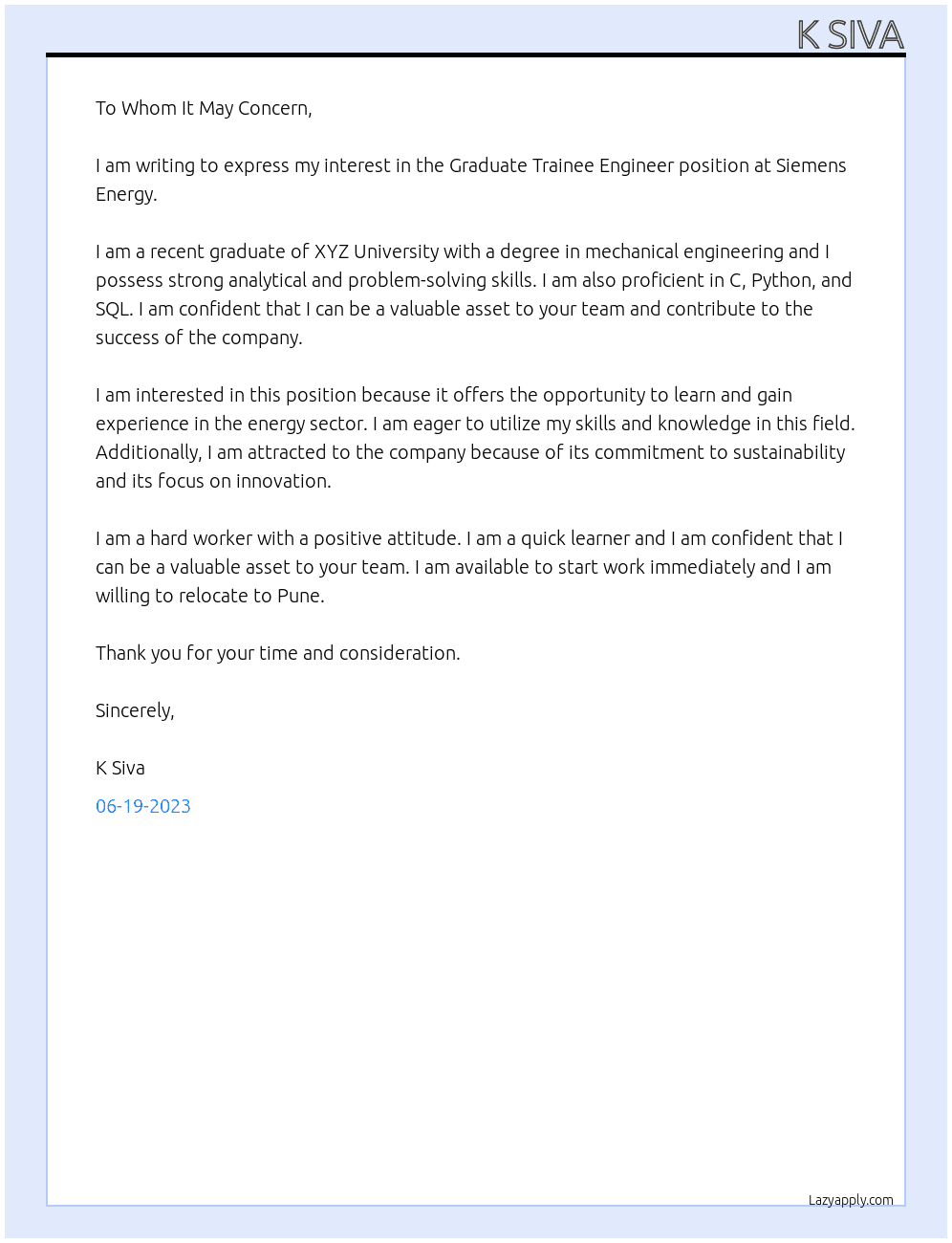 Graduate Trainee Engineer At Siemens Energy Cover Letter