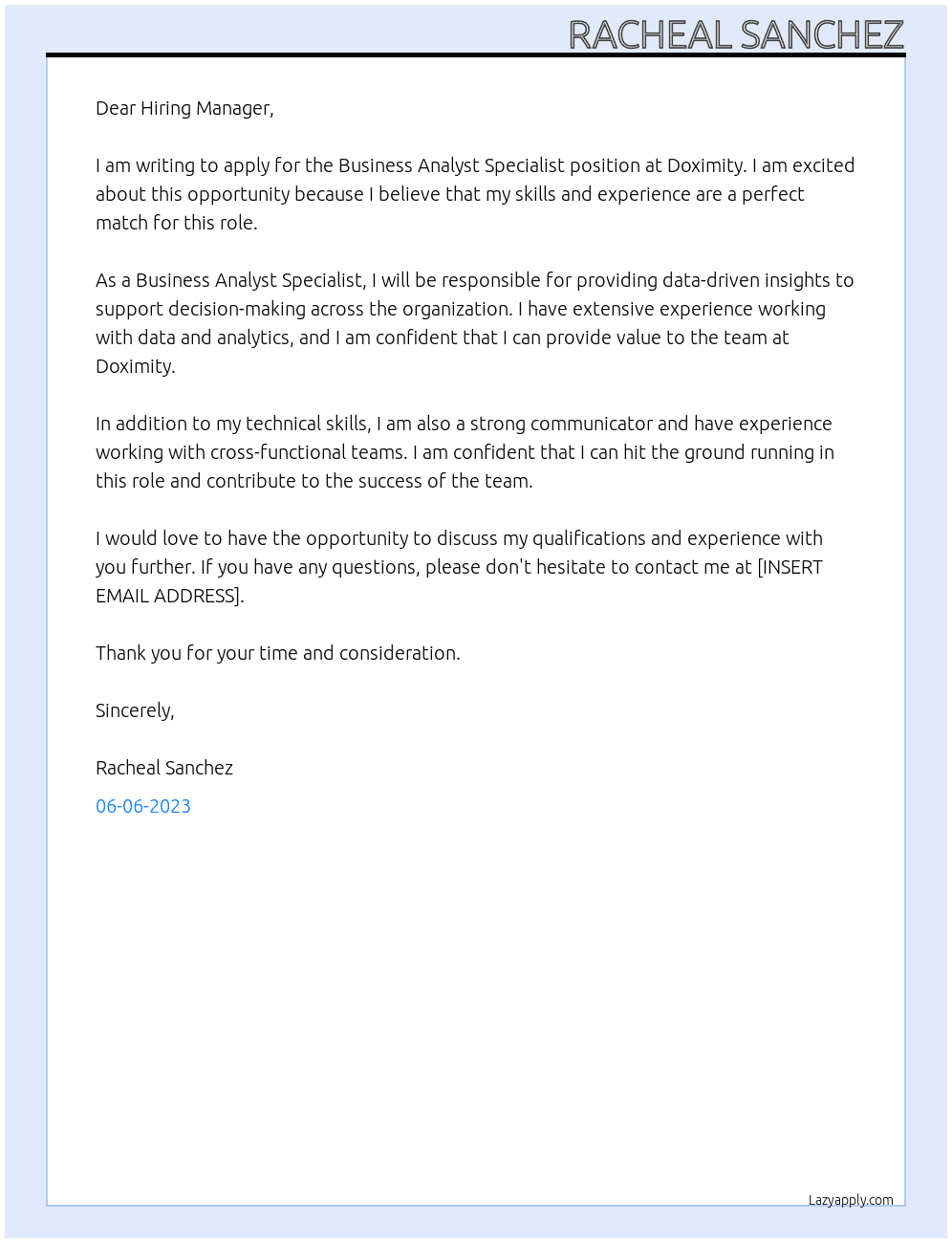 Business Analyst Specialist At Doximity Cover Letter