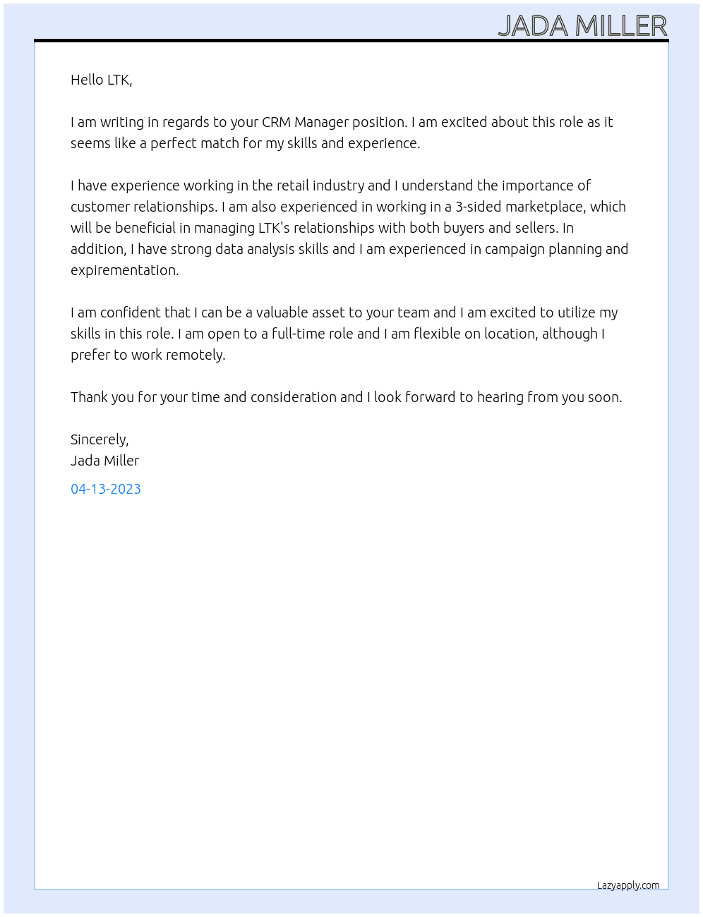 CRM Manager At LTK Cover Letter
