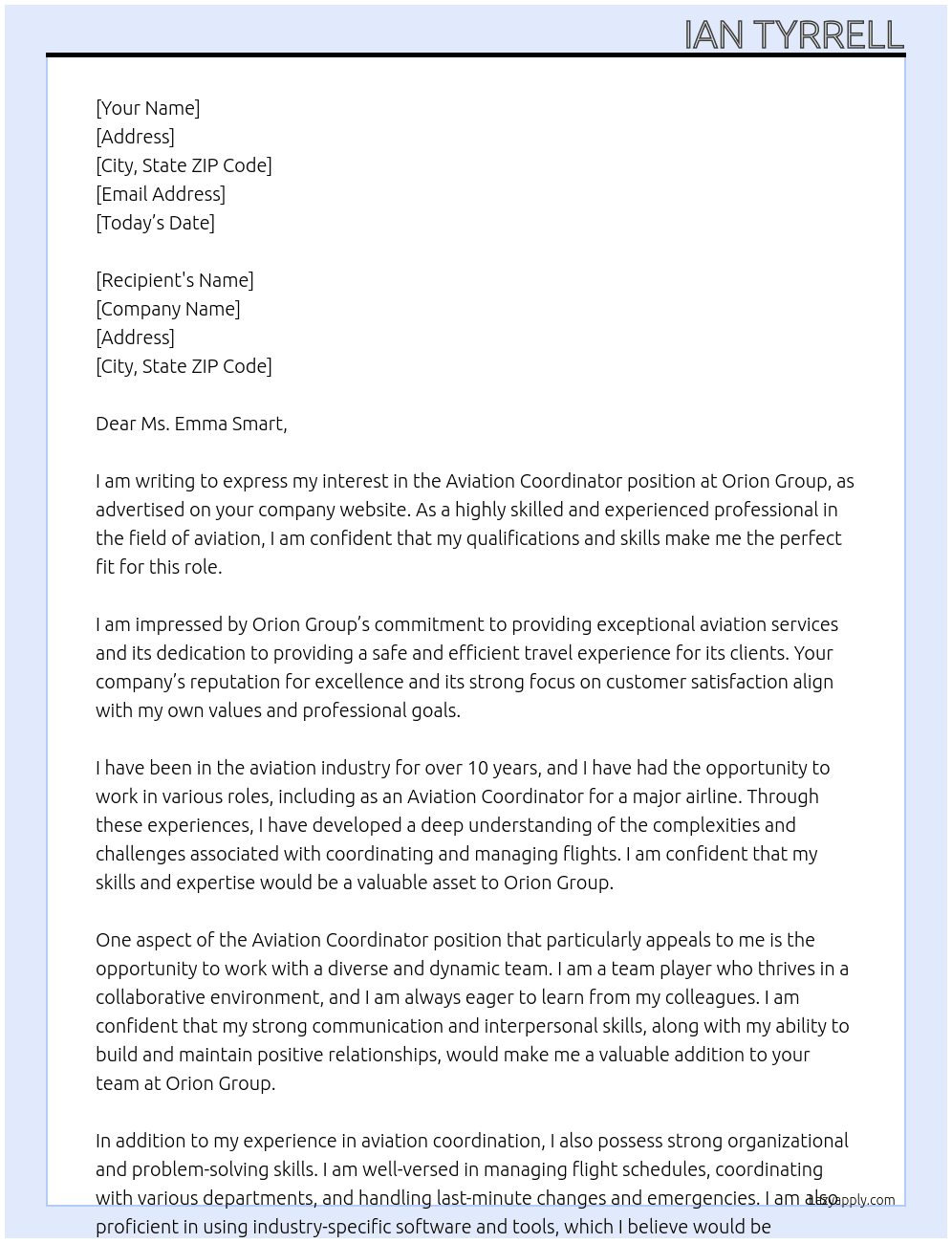 Aviation Coordinator At Orion Group Cover Letter