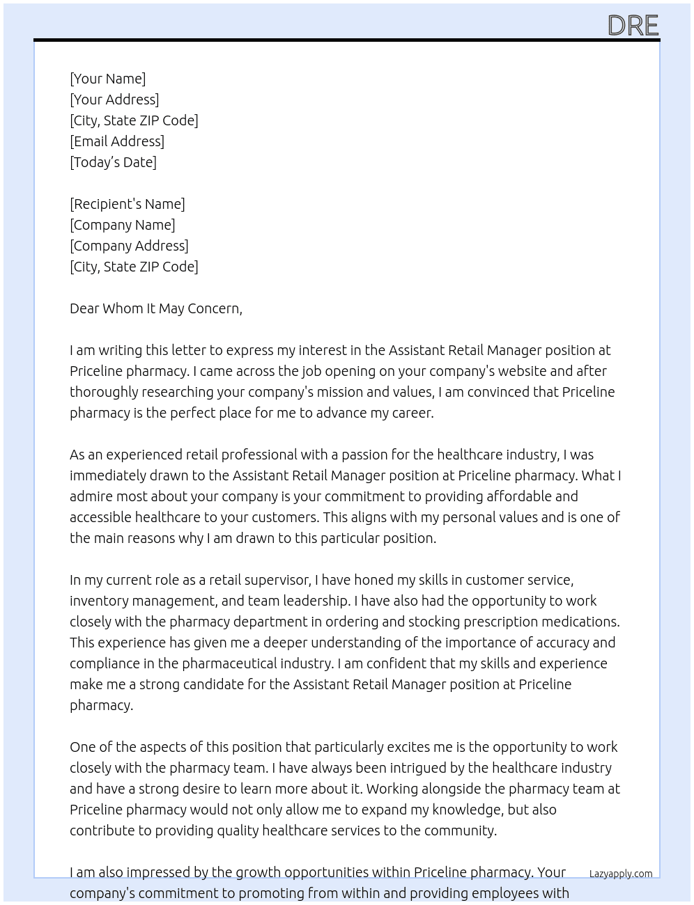 Assistant Retail Manager At Priceline pharmacy Cover Letter