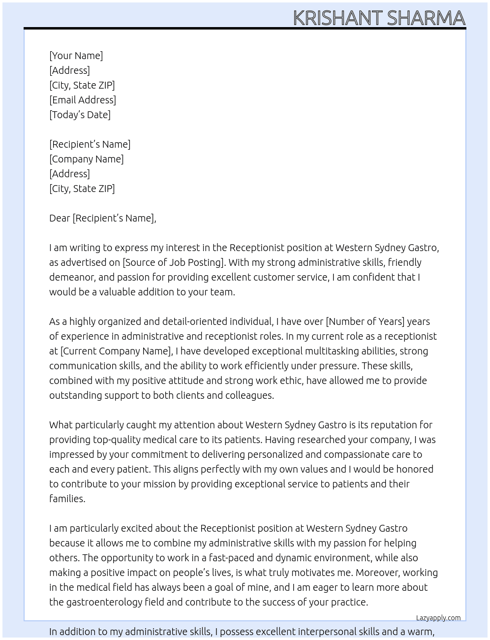 Receptionist At Western sydney gastro Cover Letter