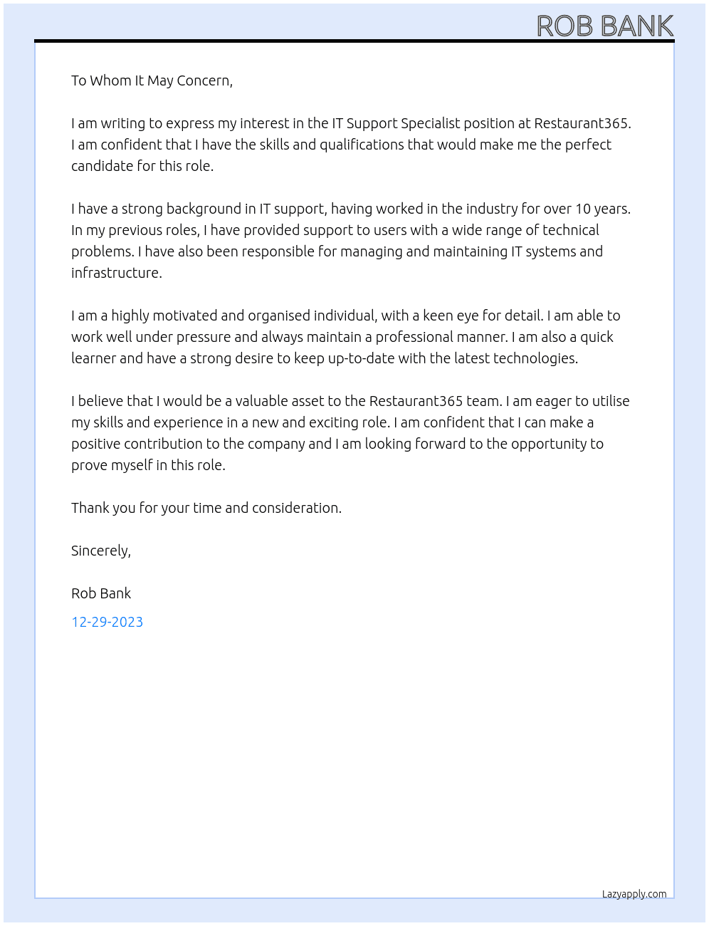 IT Support Specialist At Restaurant365 Cover Letter