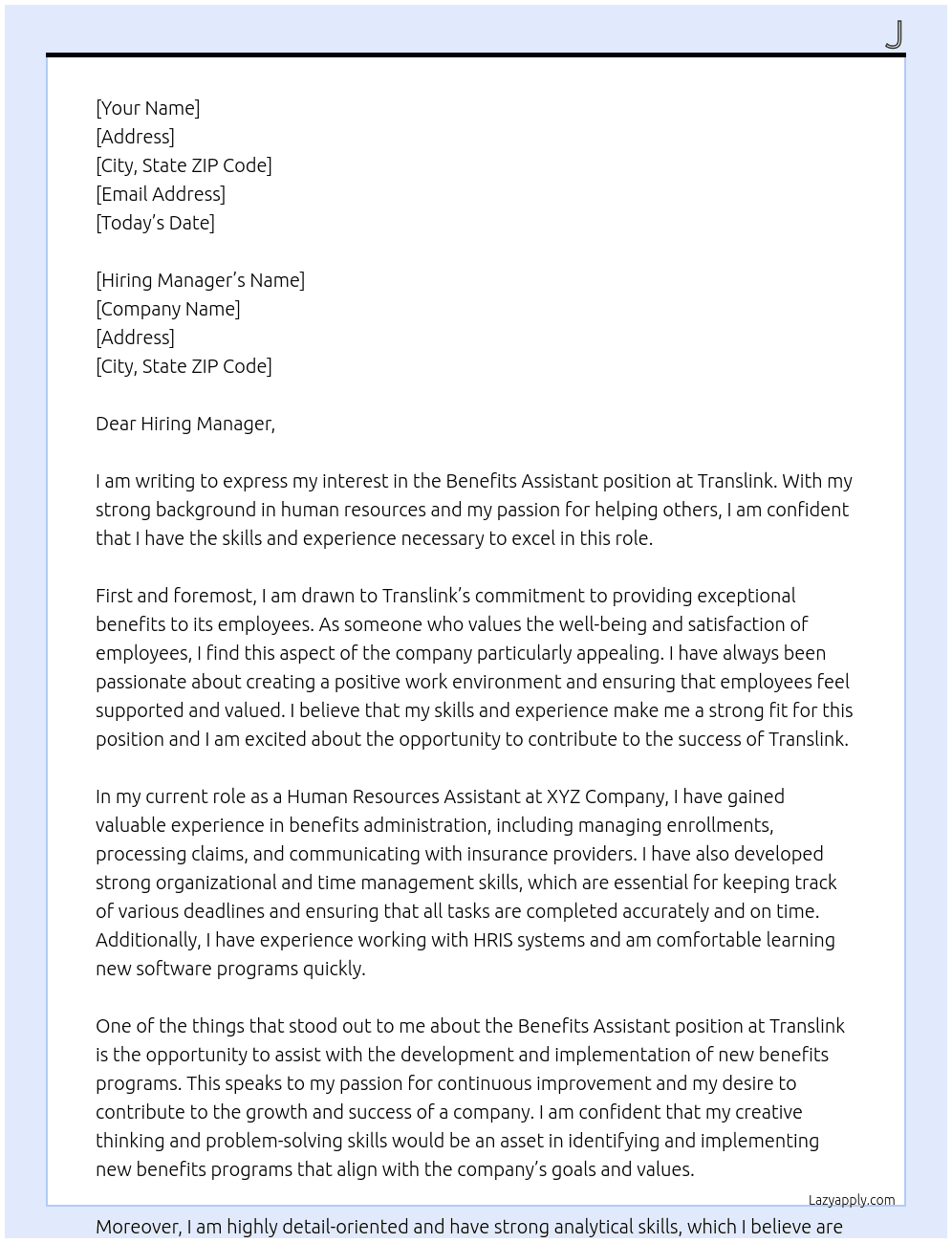 benefits assistant At translink Cover Letter
