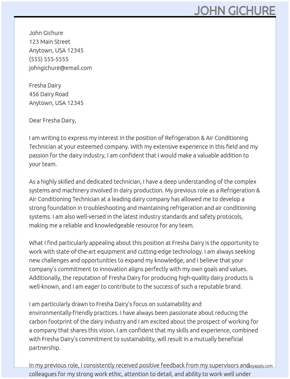 refrigeration& air conditioning technician At John Gichure Cover Letter