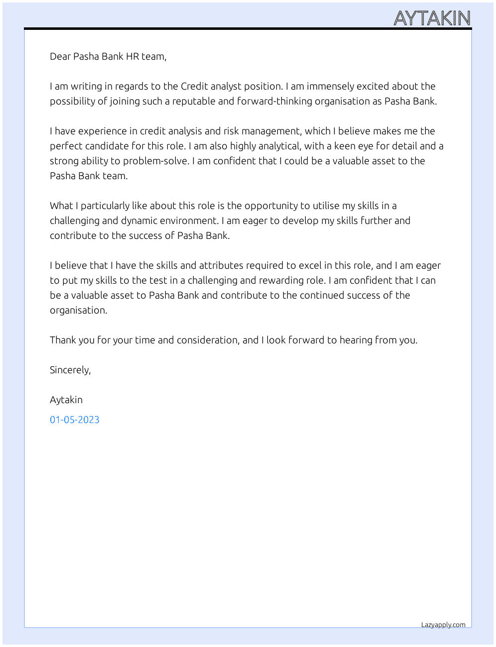Credit analyst At Pasha Bank  Cover Letter