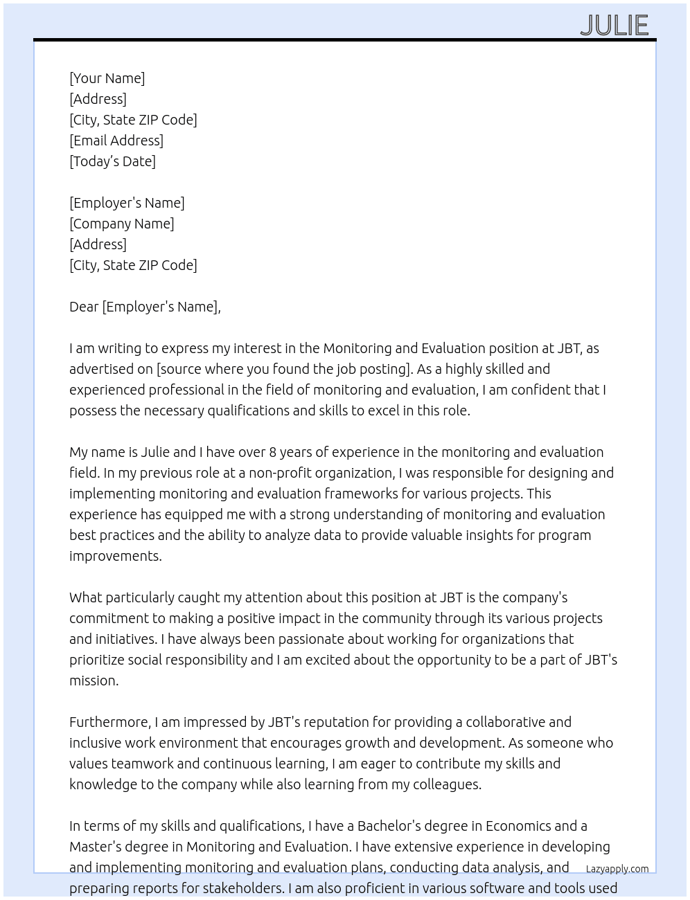 Monitoring and evaluation l At JBT  Cover Letter