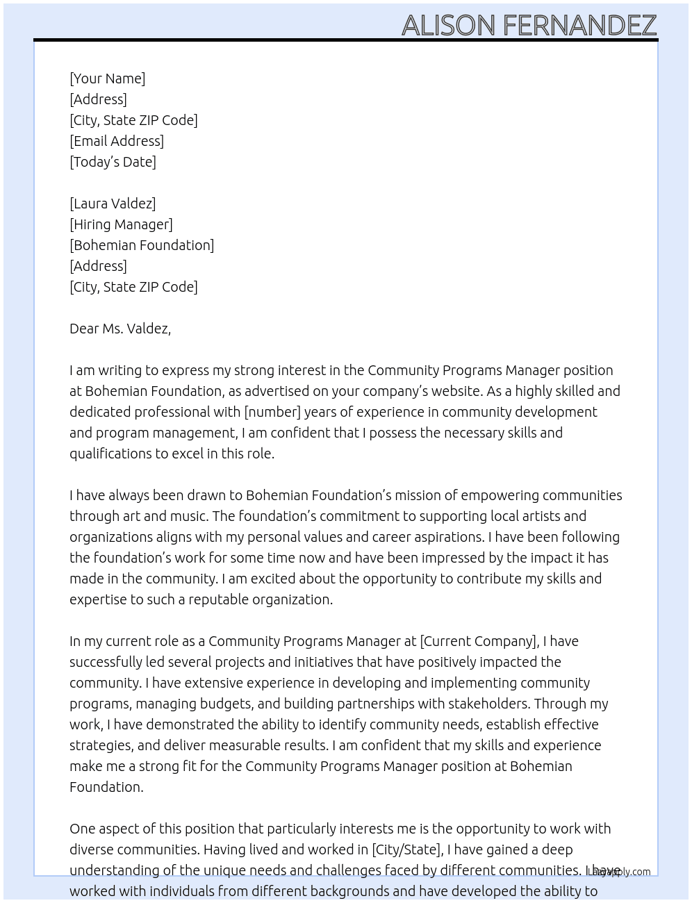 Community Programs Manager At Bohemian Foundation Cover Letter