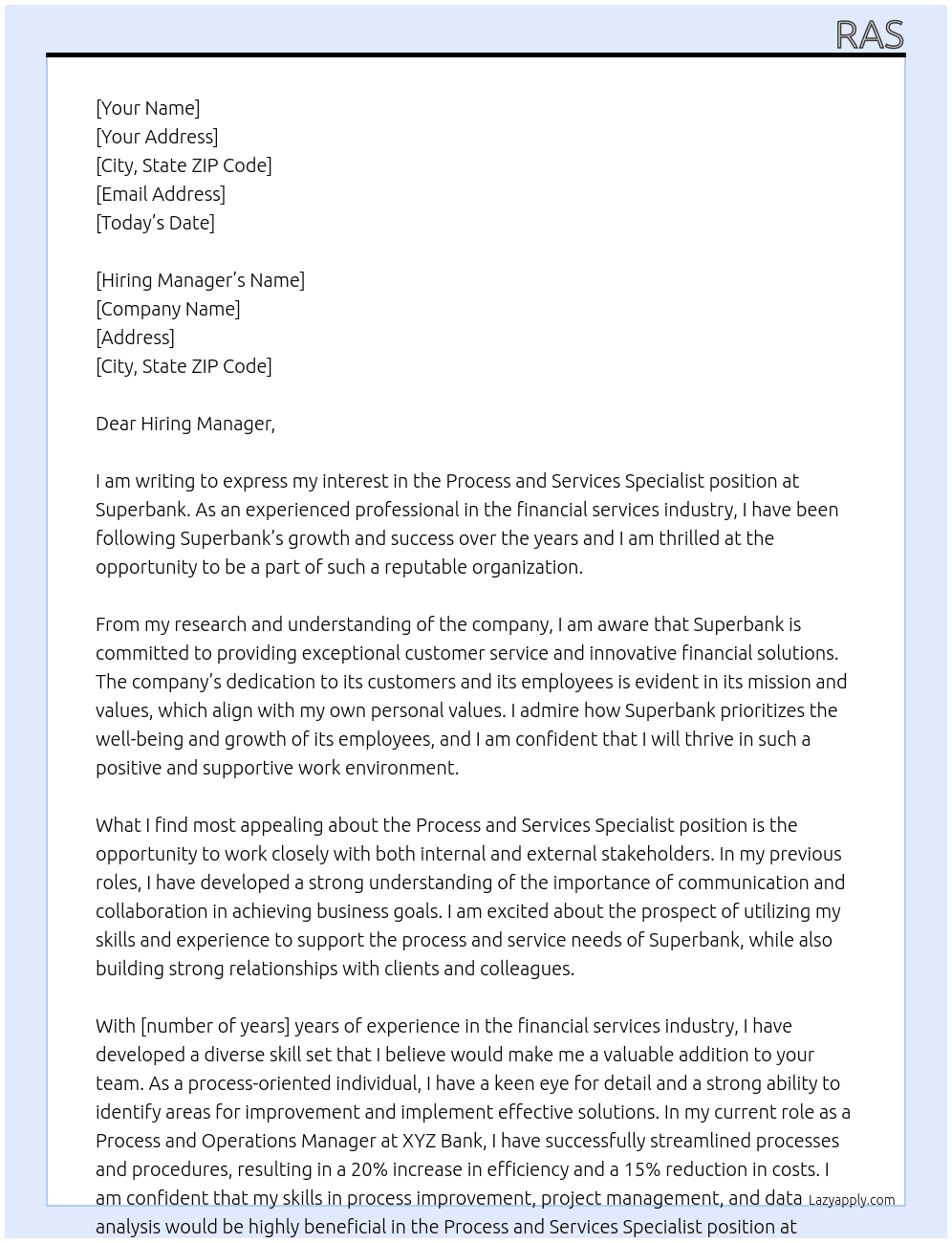 Process and Services Specialist At Superbank Cover Letter