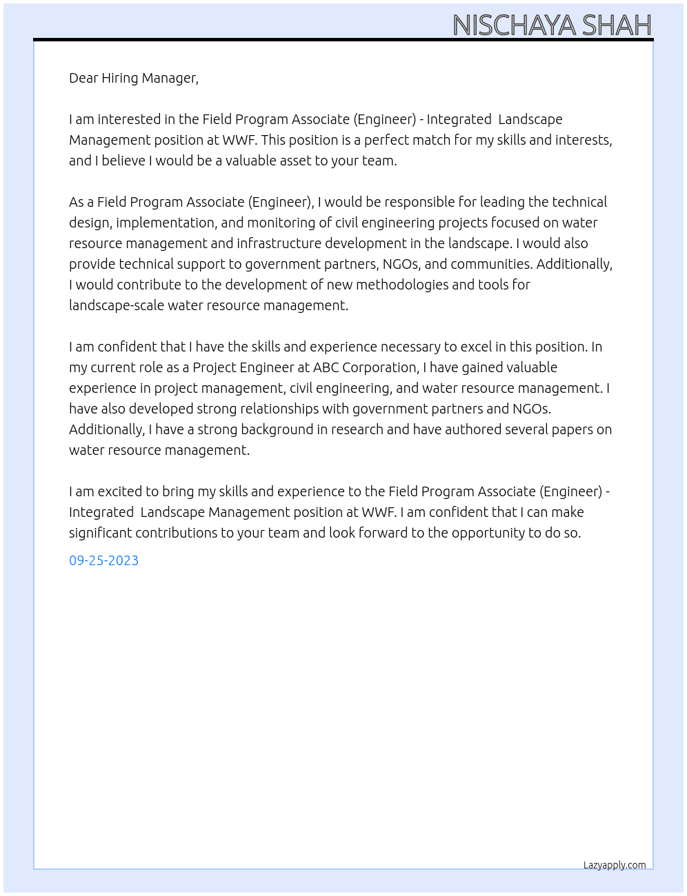 Field Program Associate (Engineer) - Integrated  Landscape Management At WWF Cover Letter