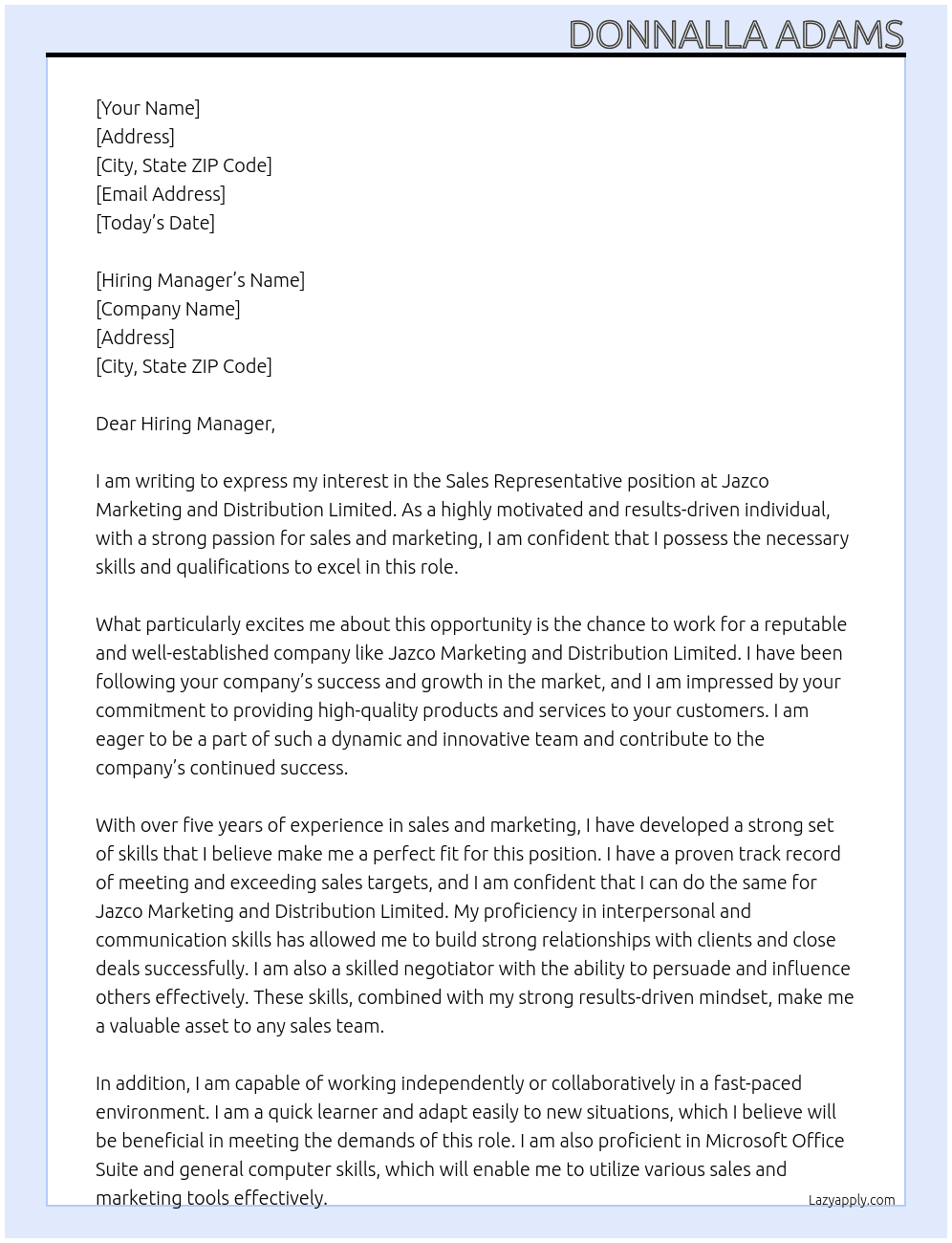 Sales Representative At Jazco Marketing and Distribution Limited Cover Letter