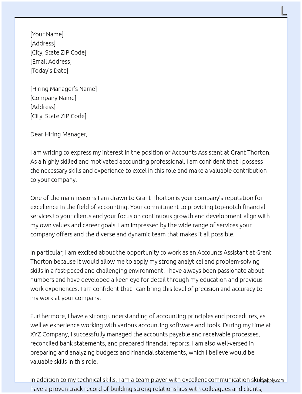 Accounts Assistant At  Grant Thorton Cover Letter