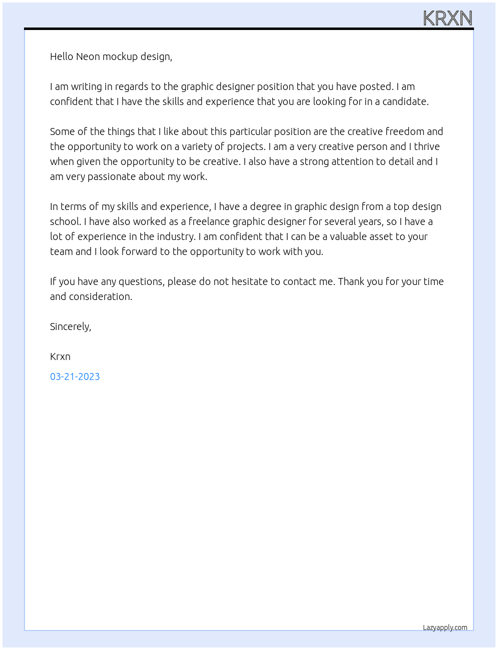 Graphic designer  At Neon mockup design  Cover Letter