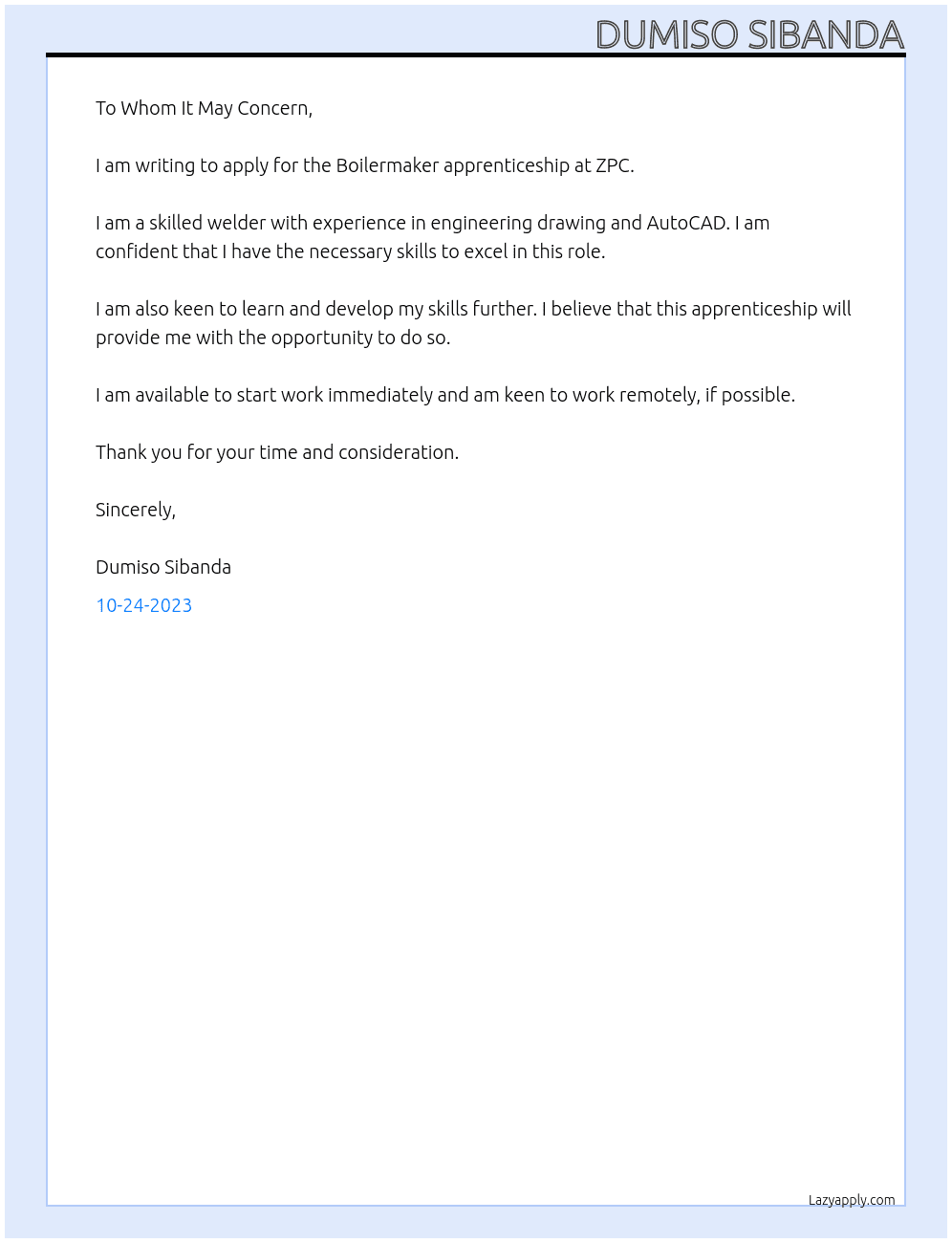 Boilermaker apprenticeship At ZPC Cover Letter