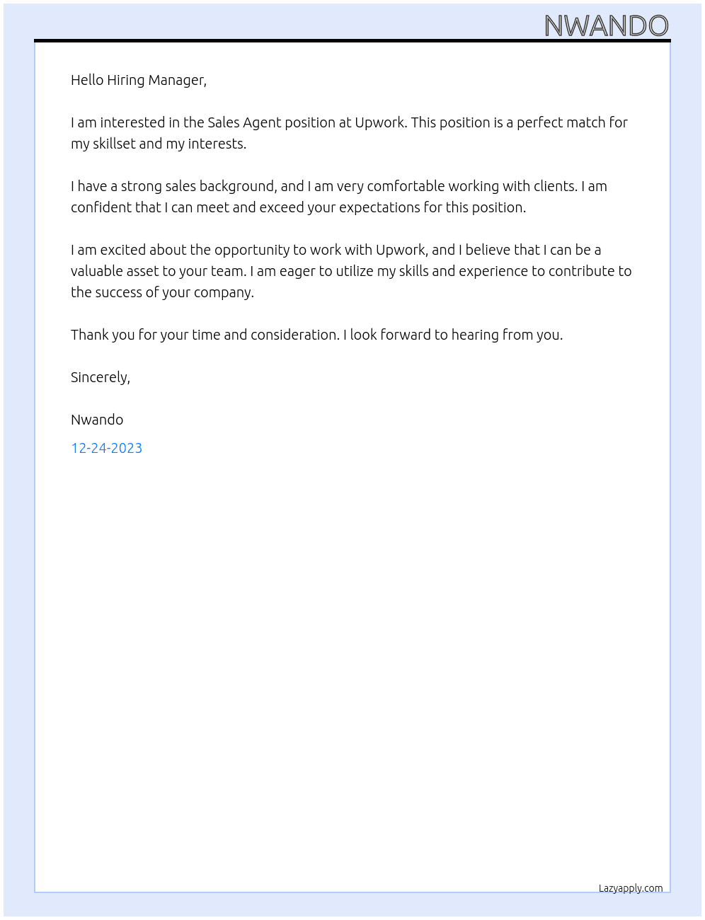 Sales Agent At Upwork Cover Letter