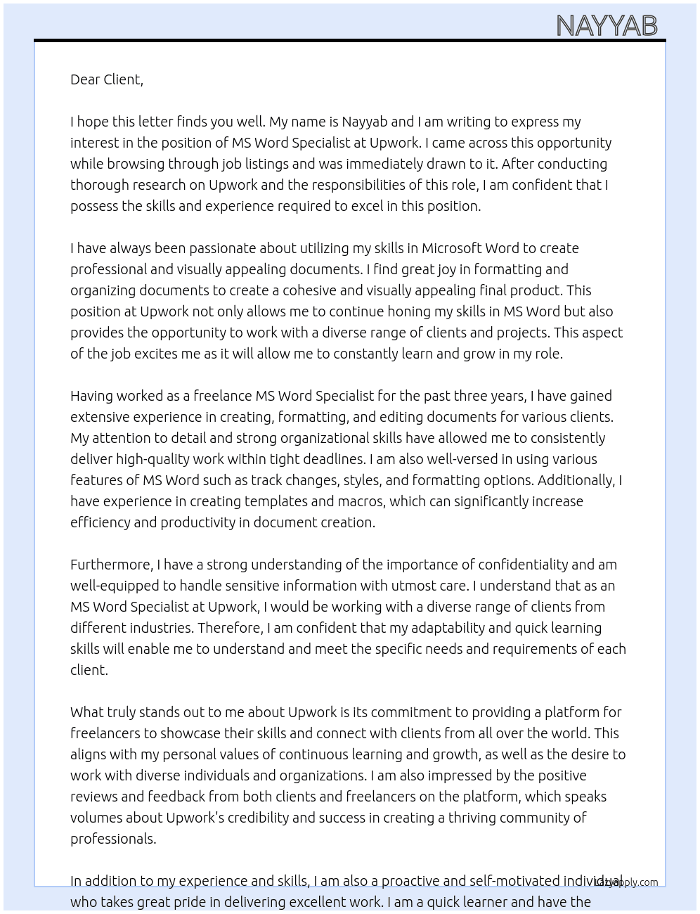 ms word At upwork Cover Letter