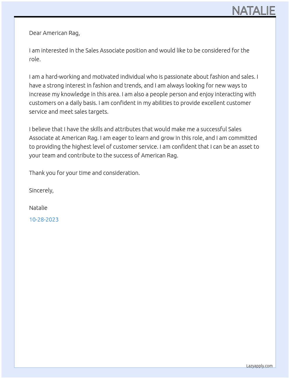 Sales Associate At American Rag Cover Letter