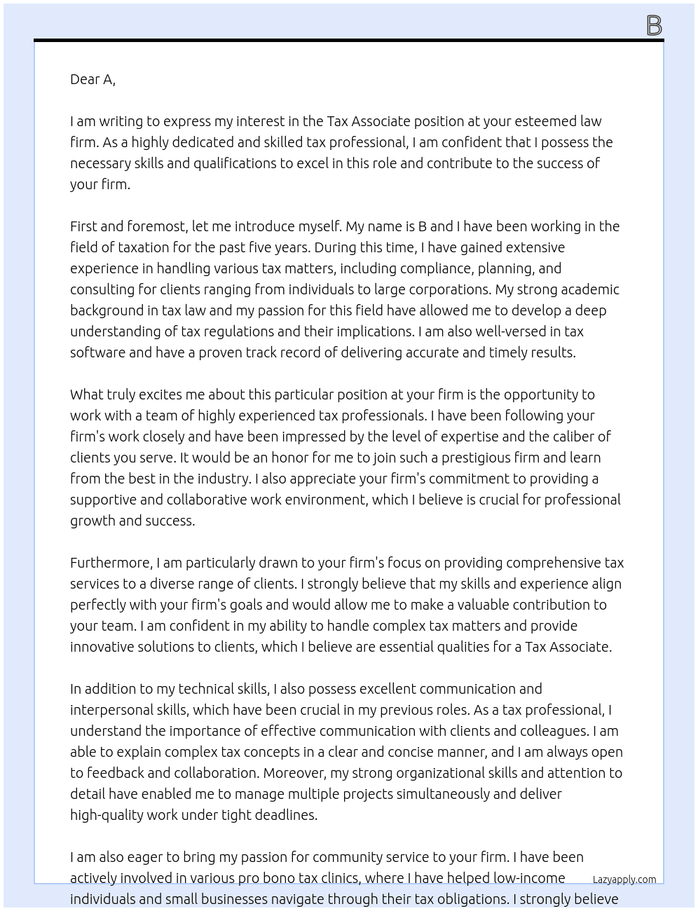 Tax Associate At Law firm Cover Letter