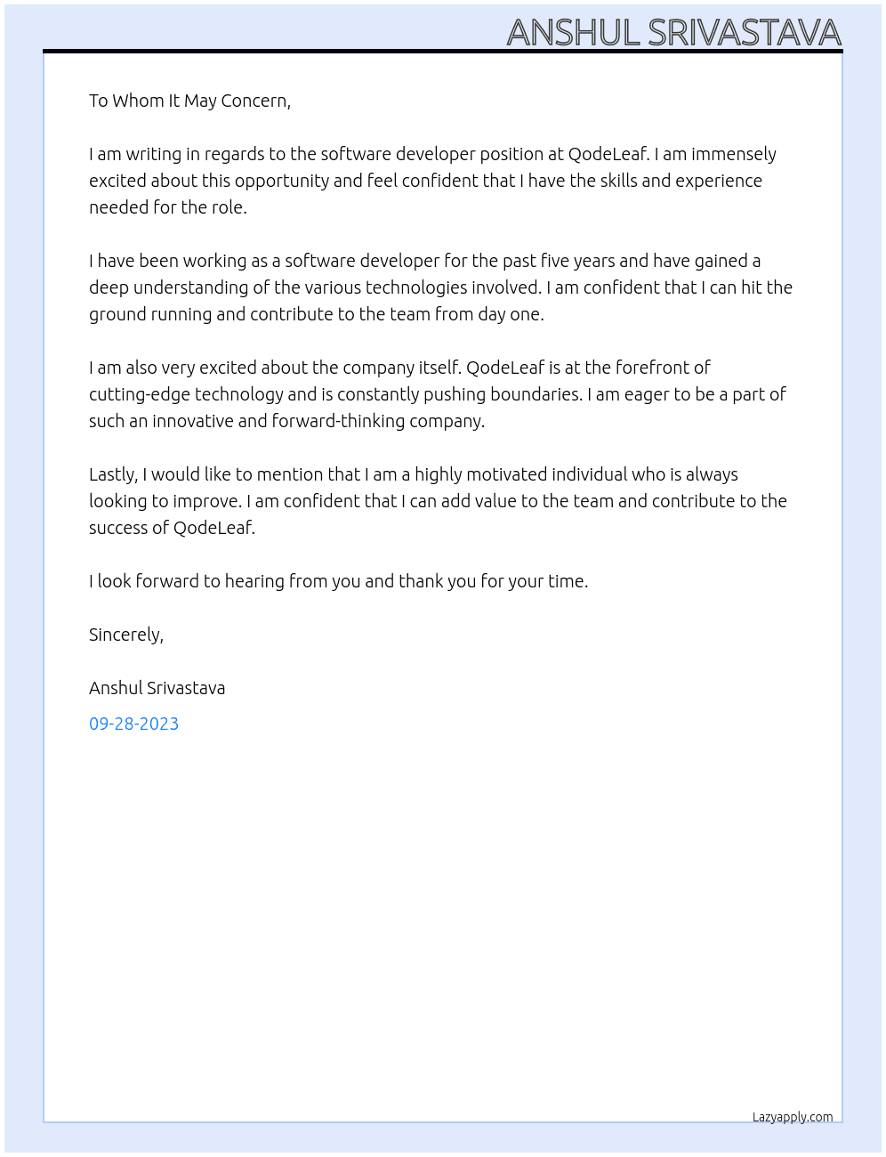 software developer At QodeLeaf Cover Letter