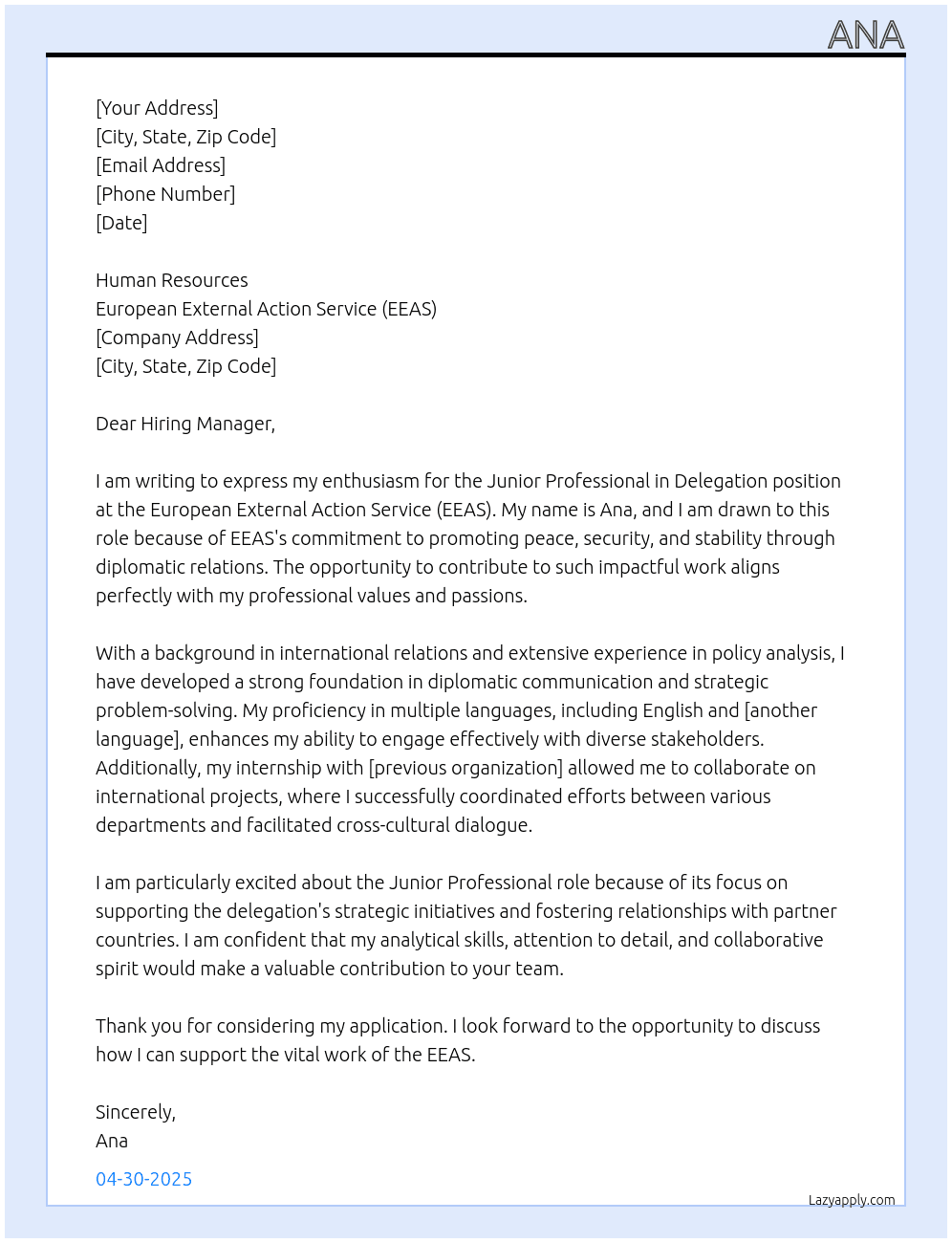 Cover letter for junior professional in delegation - LazyApply