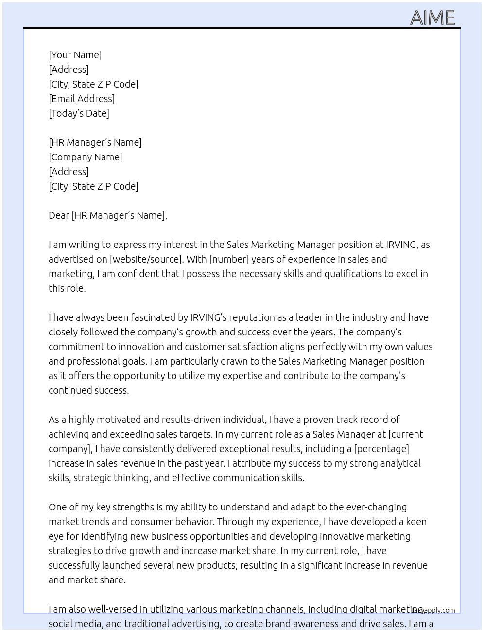 Sales marketing Manager At IRVING Cover Letter