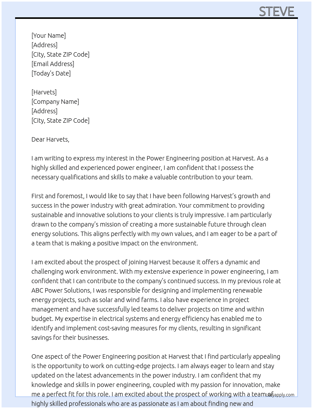 Power engineering  At Harvest  Cover Letter