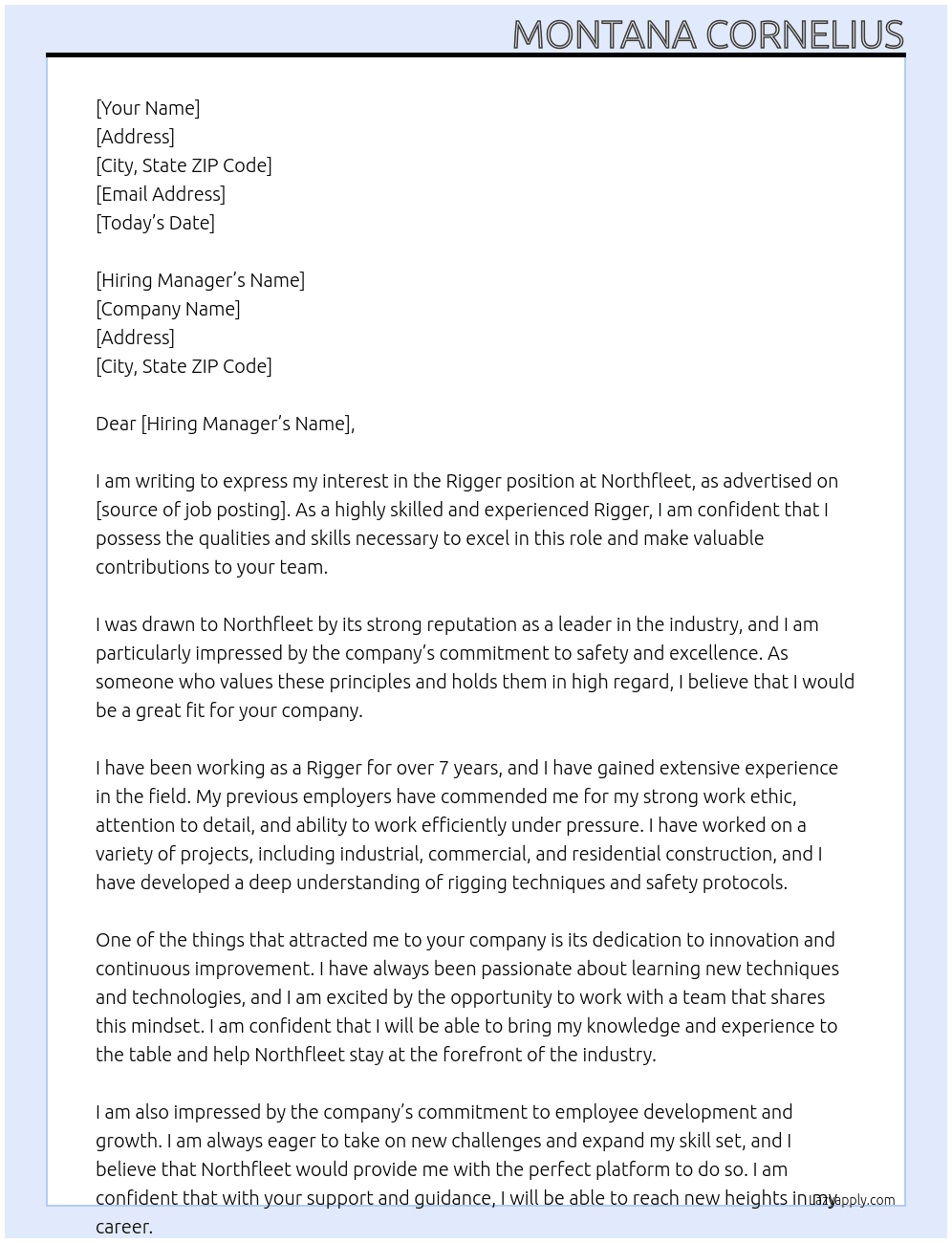 Rigger  At Northfleet  Cover Letter