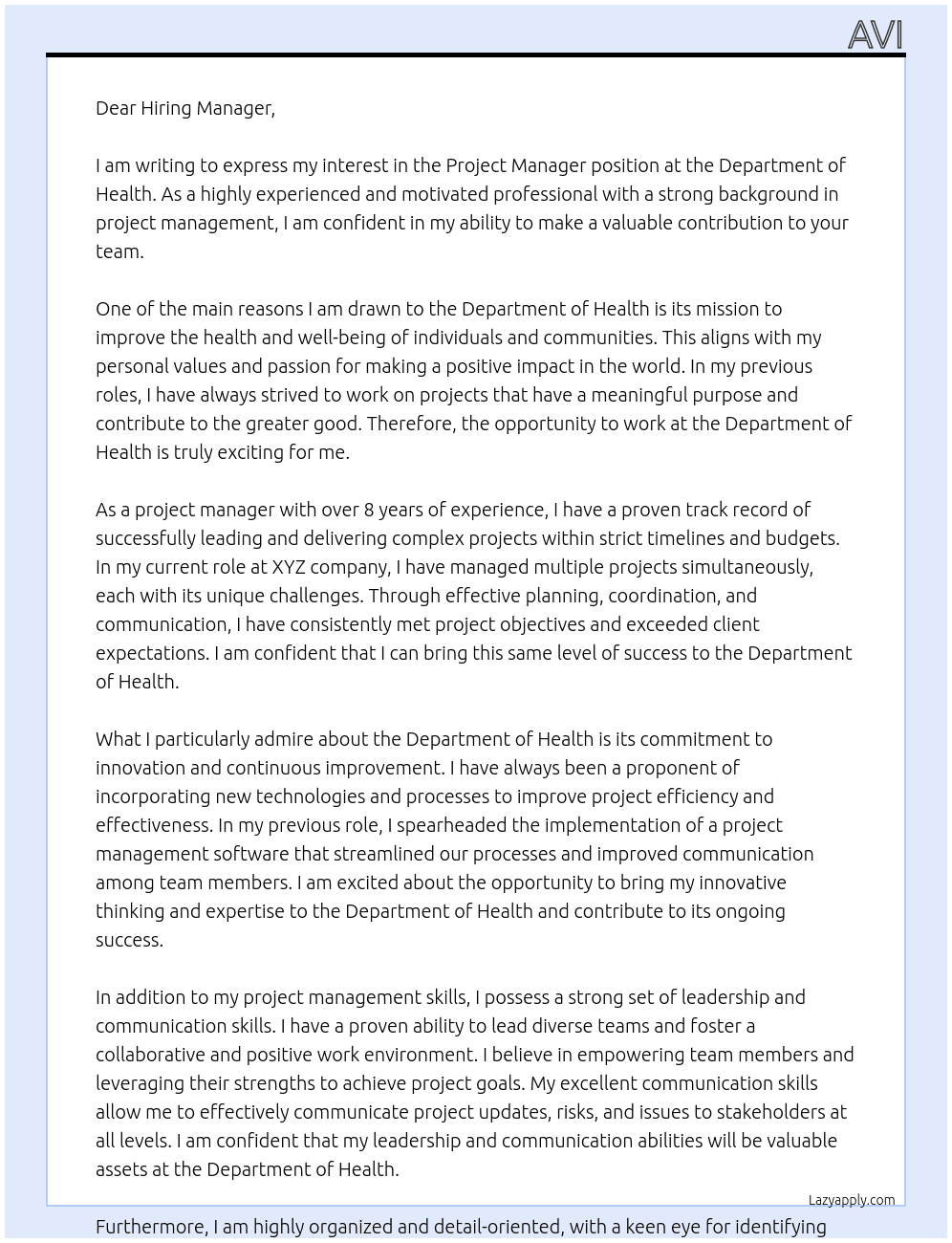 Project manager At Dept of Healt Cover Letter