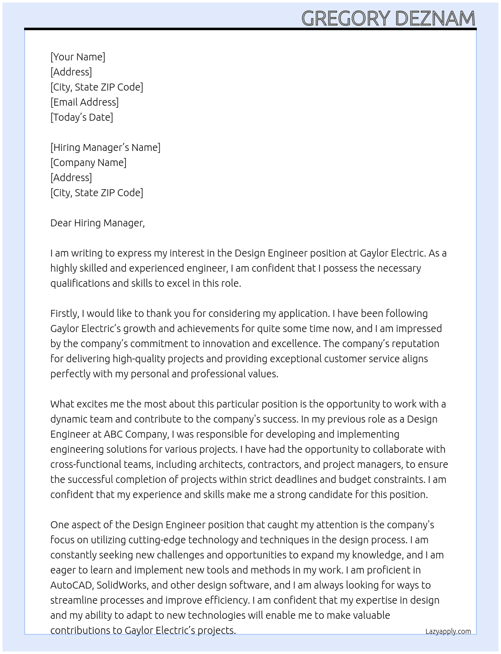Design Engineer At Gaylor Electric Cover Letter