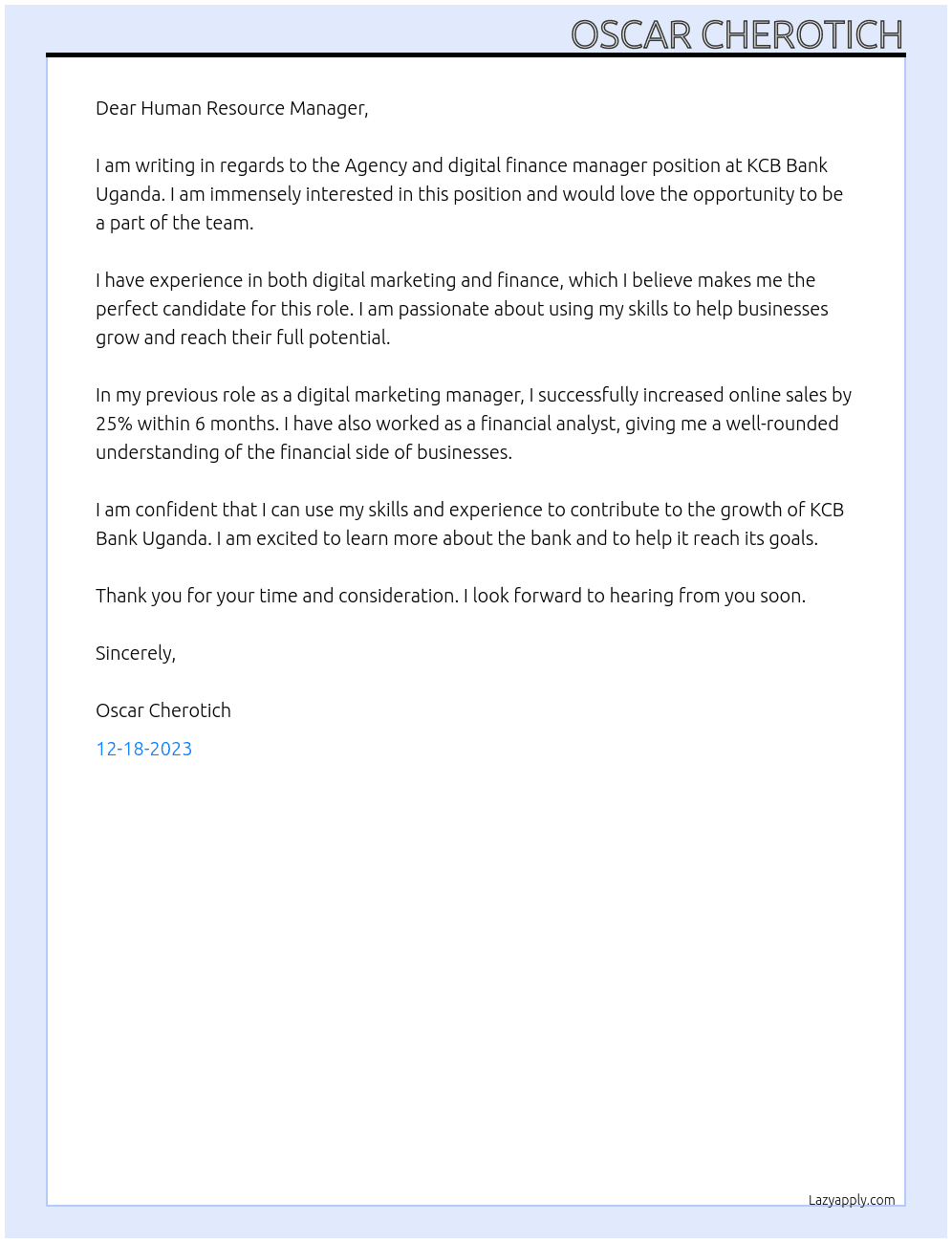 Agency and digital finance manager  At KCB Bank Uganda  Cover Letter