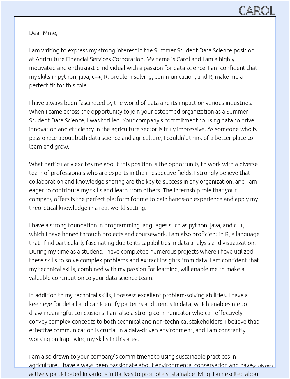 Summer Student Data Science At Agriculture Financial Services Corporation Cover Letter