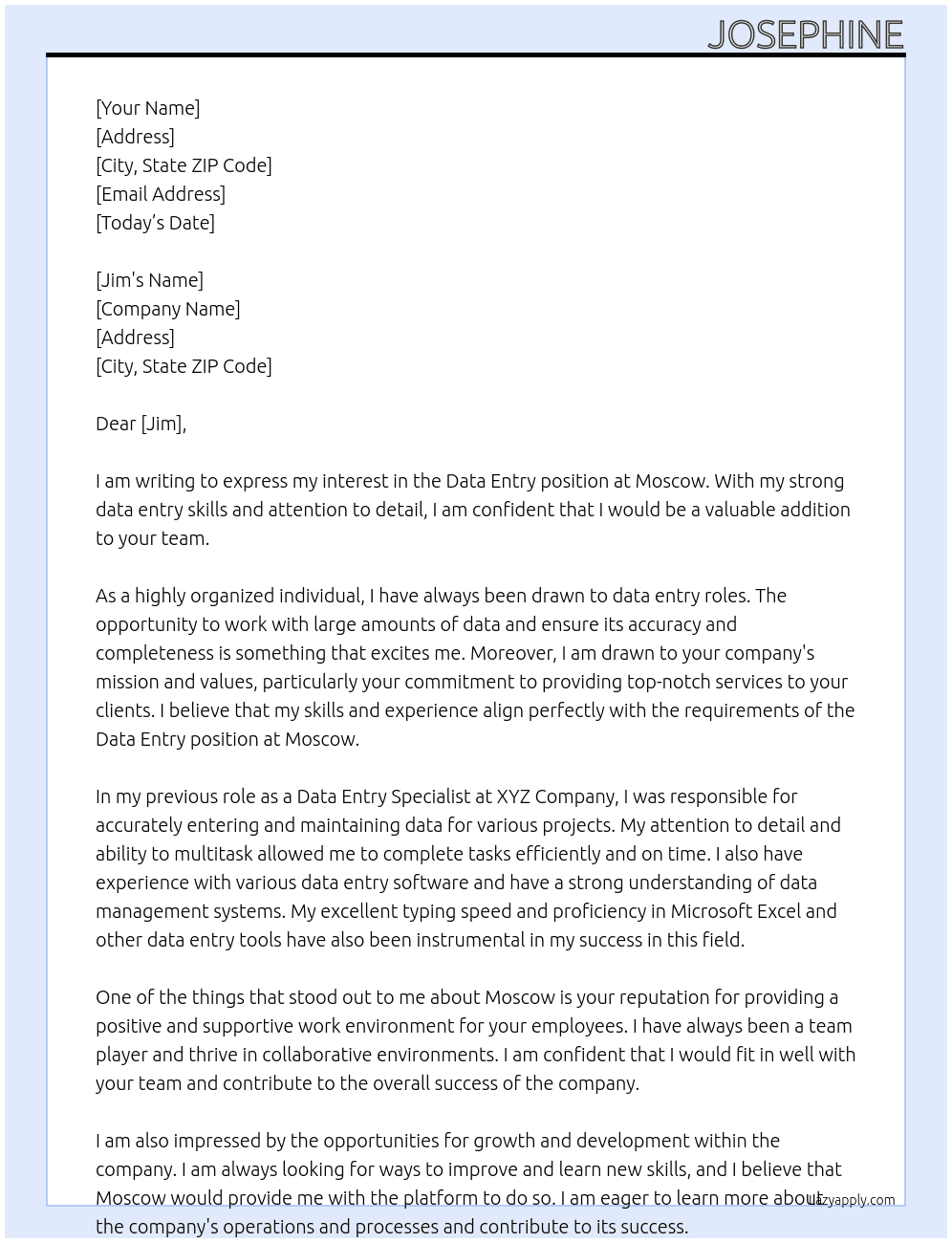 DATA ENTRY At moscow Cover Letter