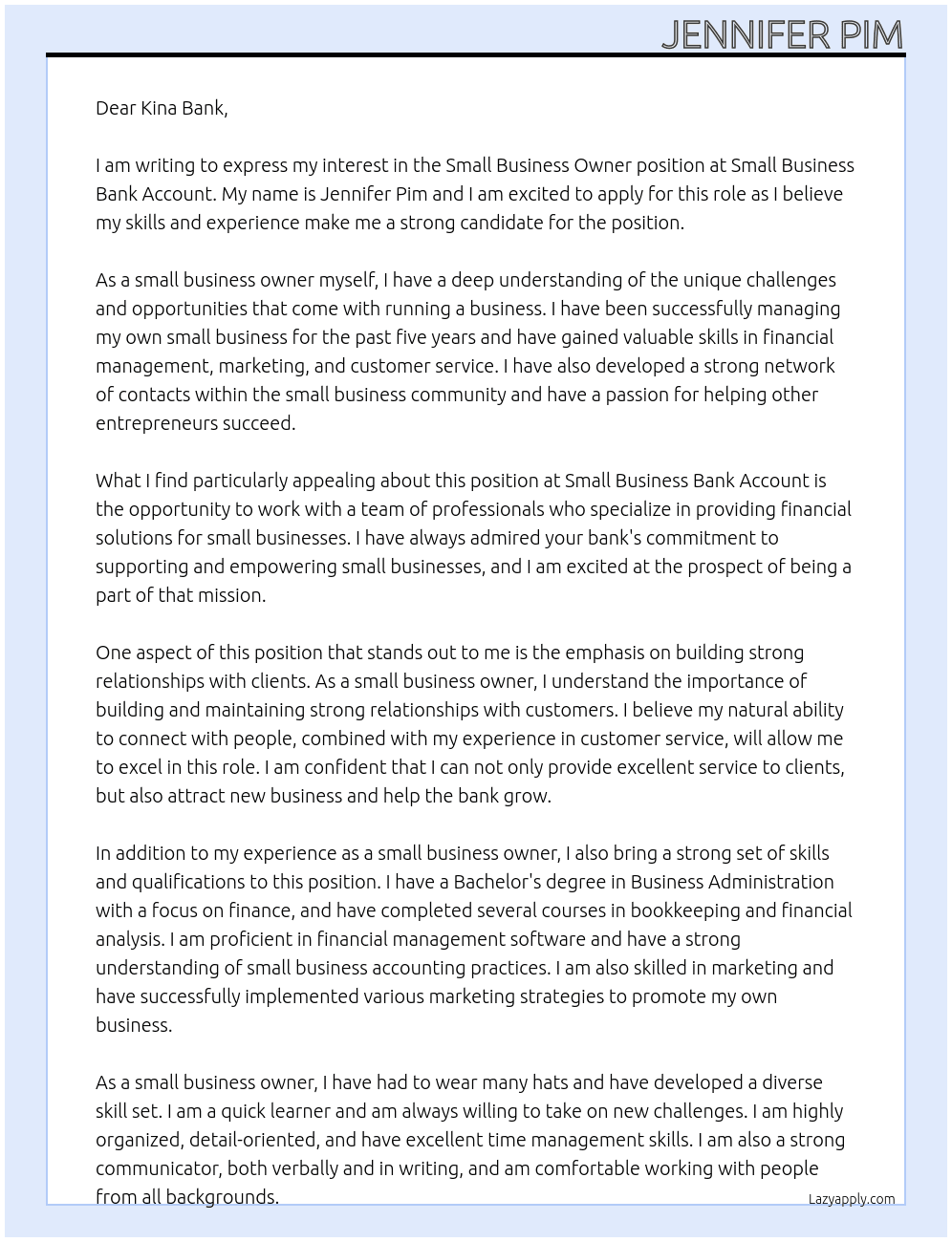 Small business owner At Small business Bank Account Cover Letter