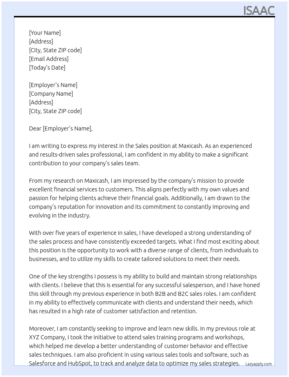 SALES  At Maxicash Cover Letter