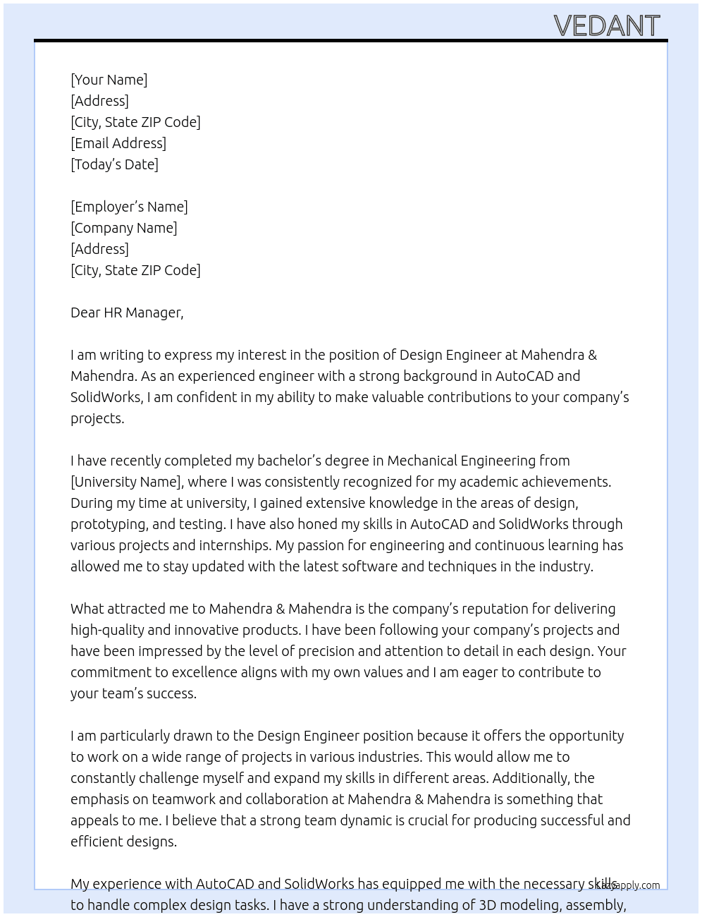 design engineer At mahendra & mahendra Cover Letter