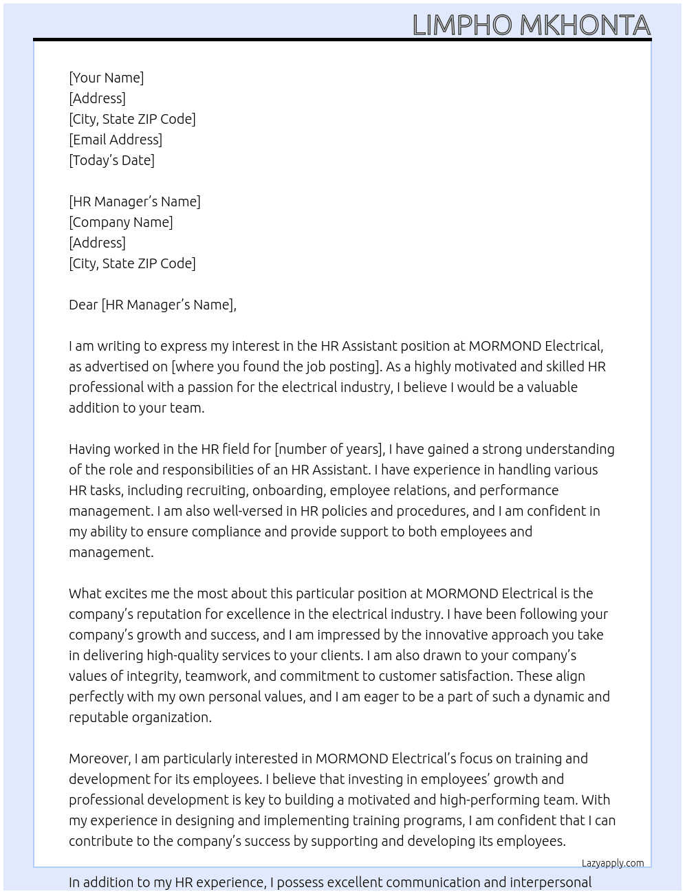 HR Assistant At MORMOND Electrical Cover Letter