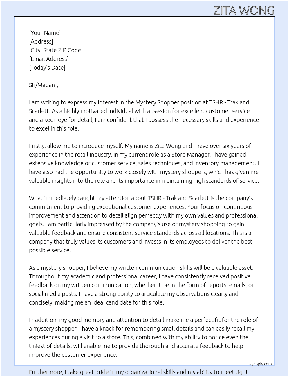 Mystery Shopper At TSHR -Trak and Scarlett  Cover Letter