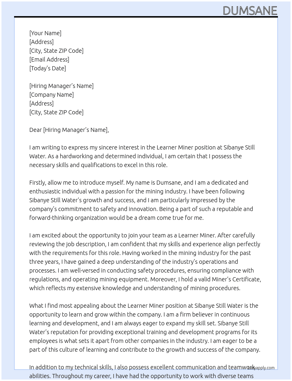LEARNER MINER At SIBANYE STILL WATER Cover Letter