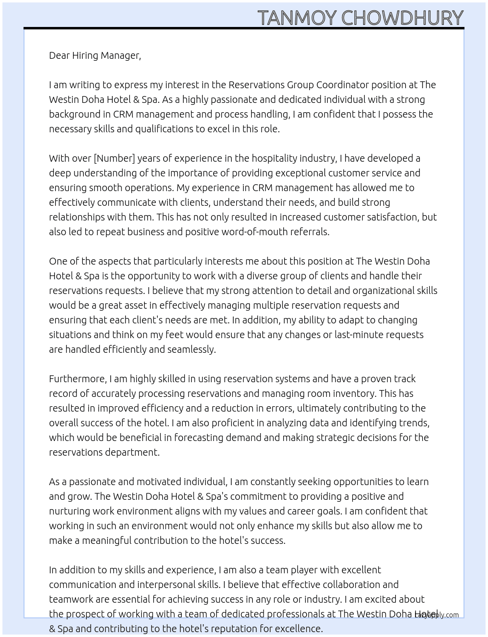 Reservations Group Coordinator At The Westin Doha Hotel & Spa Cover Letter