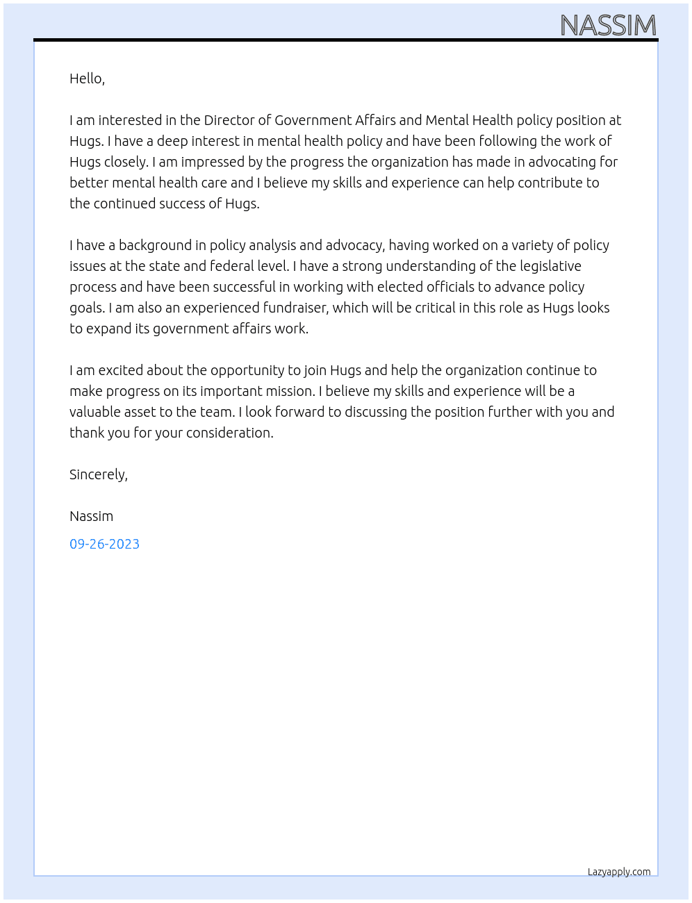 director At hugs Cover Letter