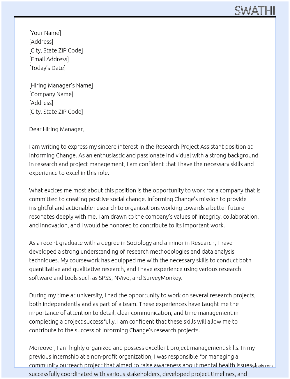 Research Project Assistant At Informing Change Cover Letter