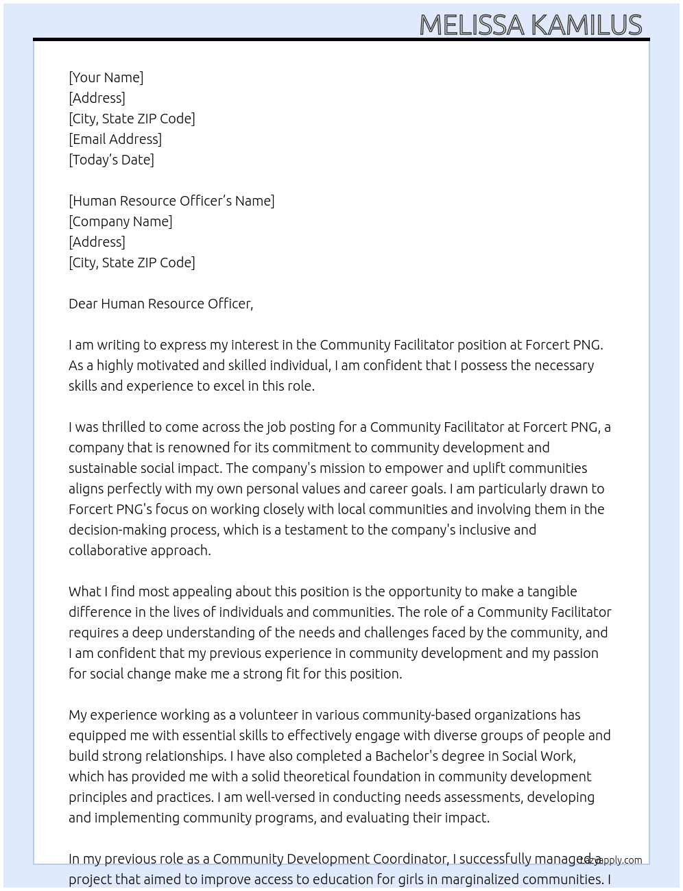 Community Facilitator  At Forcert PNG Cover Letter