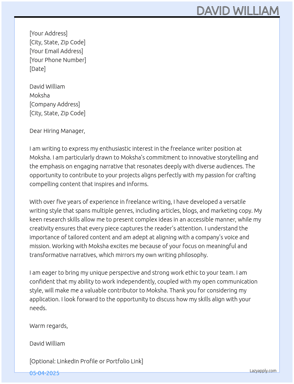Cover letter for freelance writer - LazyApply