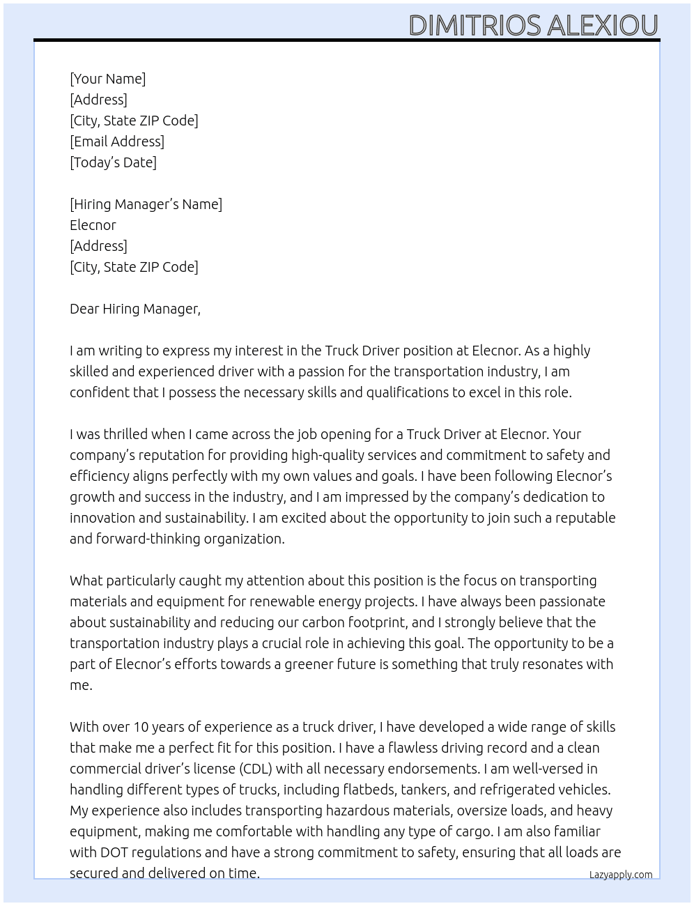 truck driver At elecnor Cover Letter